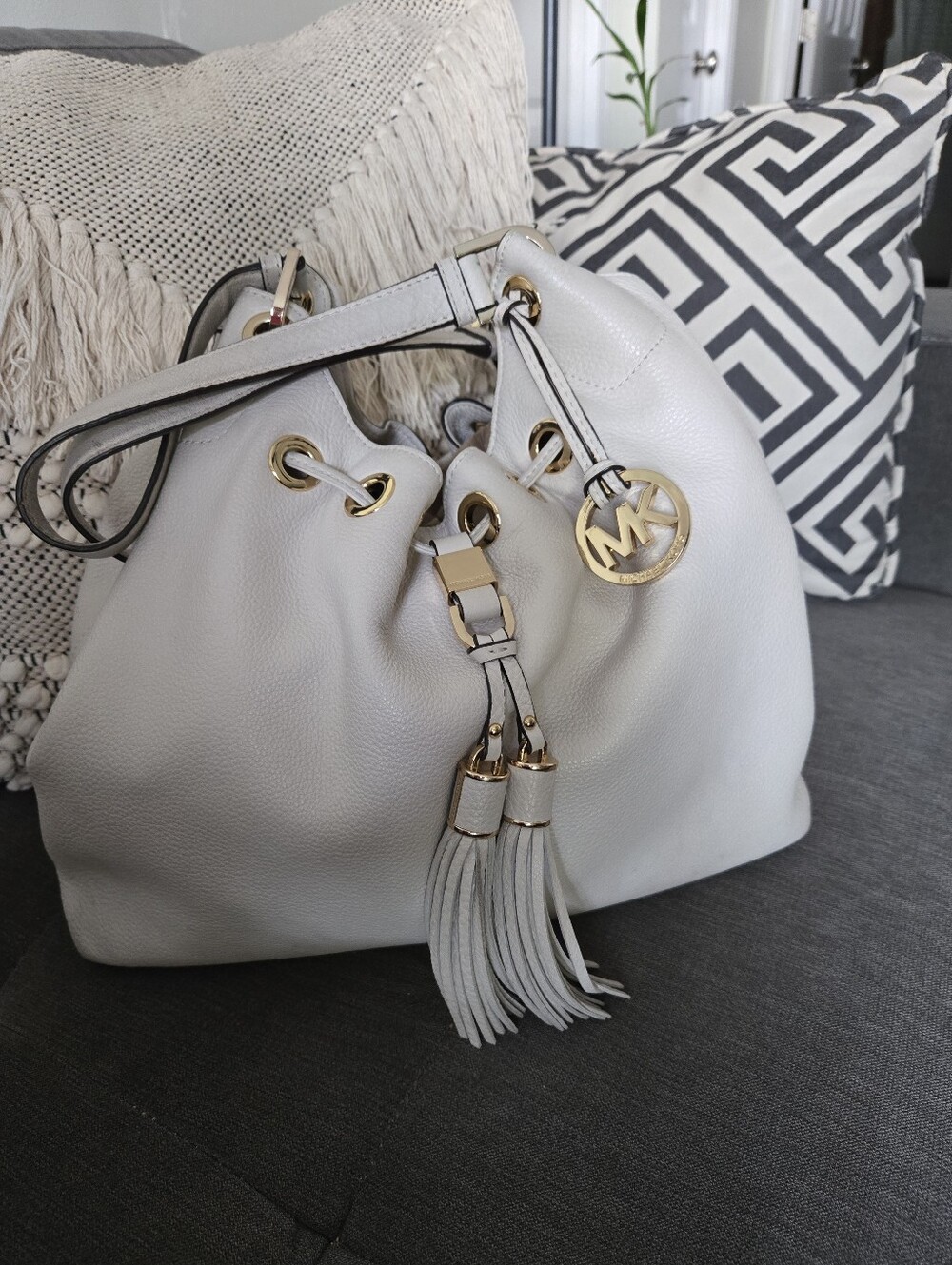 Michael Kors Cream (Off White) Leather Camden Hobo with Tassel